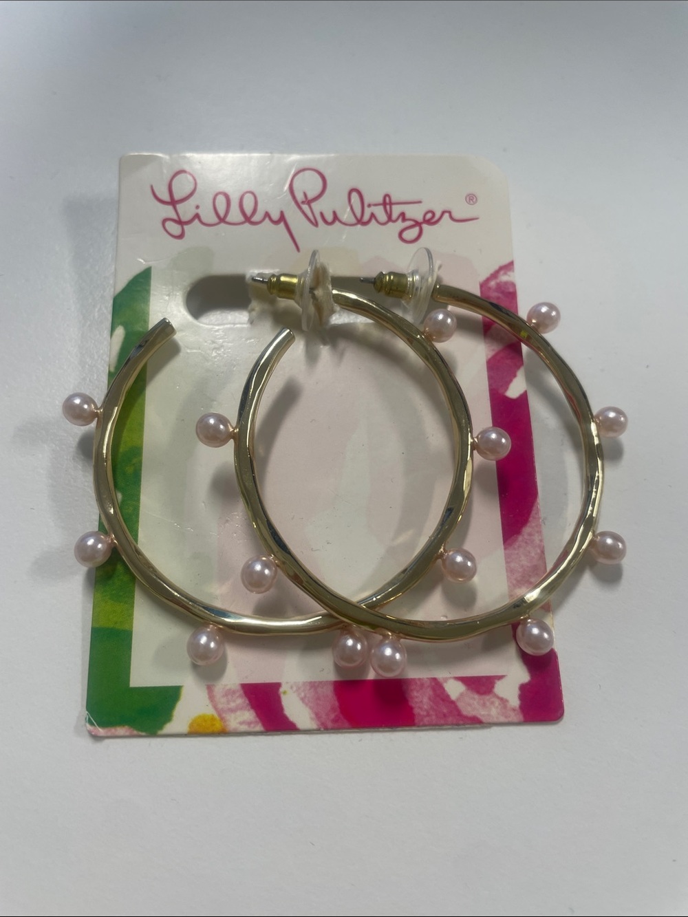 Lilly Pulitzer Gold Hoop Earrings with Light Pink Pearl Drops